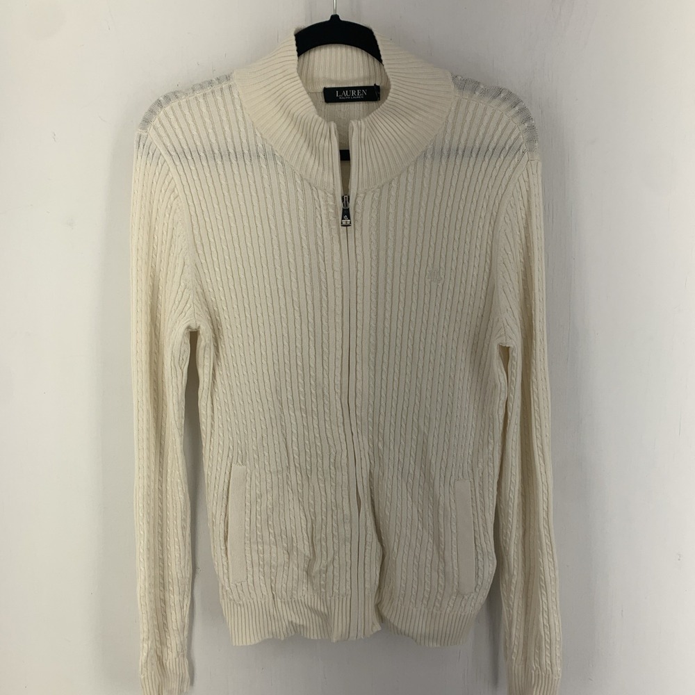 Vintage 90's Ralph Lauren Women's Large Full Zip Cable Knit Cardigan Minimalist